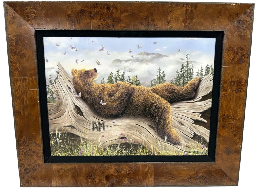 Robert Bissell Canvas Print Hand Signed Limited Edition 170 Of 250 Titled AM 2 Lying Bear Watching Butterflies 19 X 14 Framed 26 X 21.5 [Photo 1]