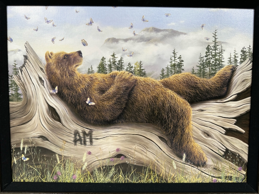 Robert Bissell Canvas Print Hand Signed Limited Edition 170 Of 250 Titled AM 2 Lying Bear Watching Butterflies 19 X 14 Framed 26 X 21.5 [Photo 6]