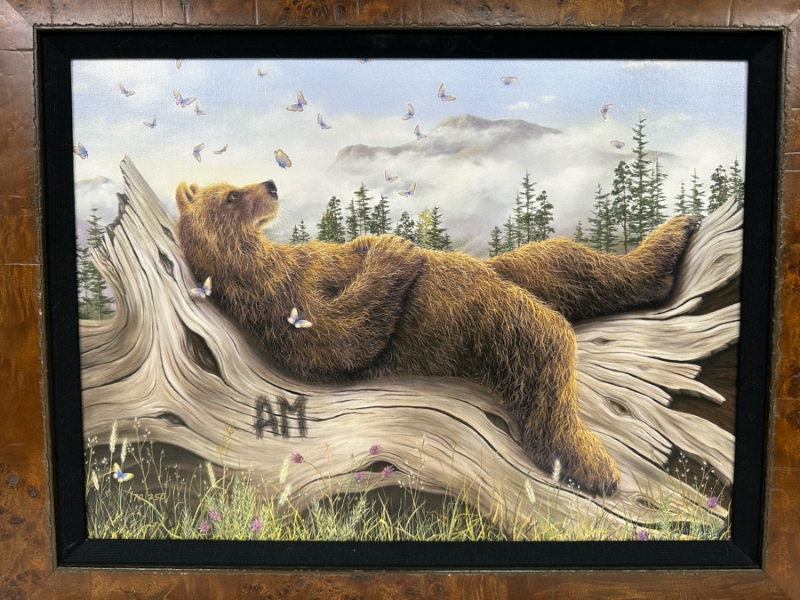 Robert Bissell Canvas Print Hand Signed Limited Edition 170 Of 250 Titled AM 2 Lying Bear Watching Butterflies 19 X 14 Framed 26 X 21.5 [Photo 5]