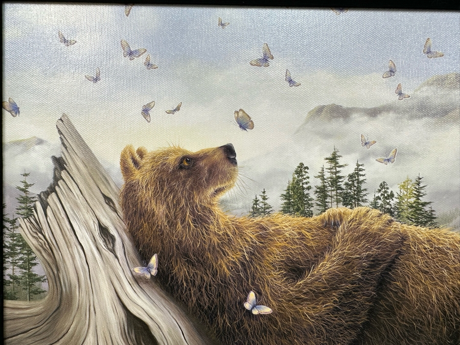Robert Bissell Canvas Print Hand Signed Limited Edition 170 Of 250 Titled AM 2 Lying Bear Watching Butterflies 19 X 14 Framed 26 X 21.5 [Photo 8]