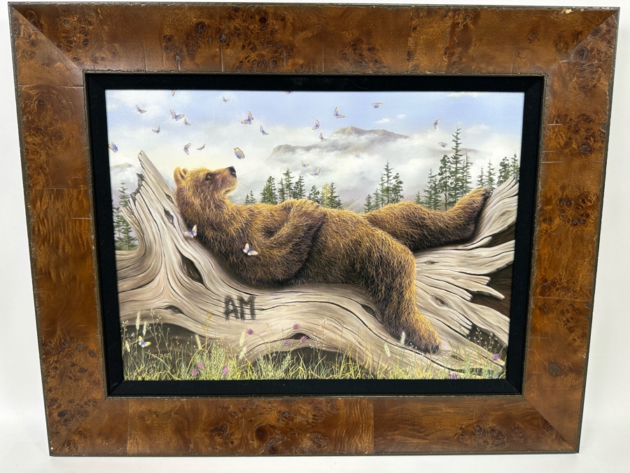 Robert Bissell Canvas Print Hand Signed Limited Edition 170 Of 250 Titled AM 2 Lying Bear Watching Butterflies 19 X 14 Framed 26 X 21.5 [Photo 2]