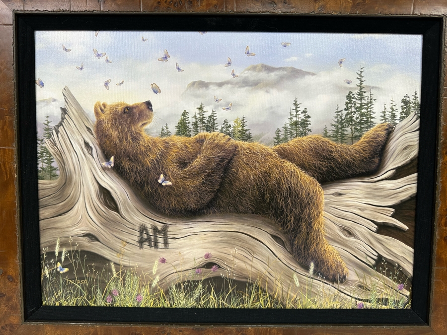Robert Bissell Canvas Print Hand Signed Limited Edition 170 Of 250 Titled AM 2 Lying Bear Watching Butterflies 19 X 14 Framed 26 X 21.5 [Photo 4]