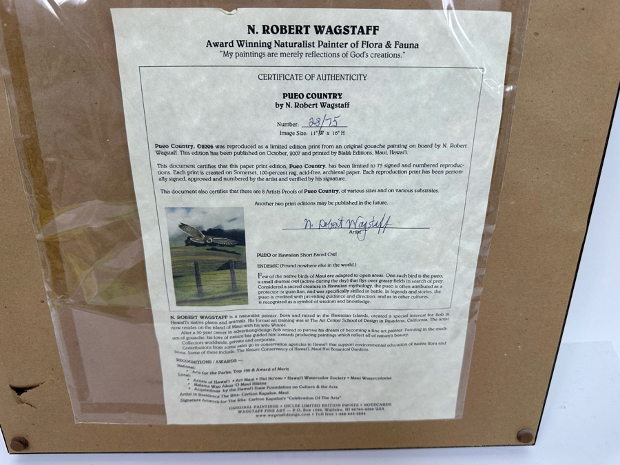 N. Robert Wagstaff Limited Edition Print Titled 'Pueo Country' Of Flying Owl Edition 28 Of 75 11 X 16 Framed 16 X 22 Pencil Signed By Artist [Photo 14]