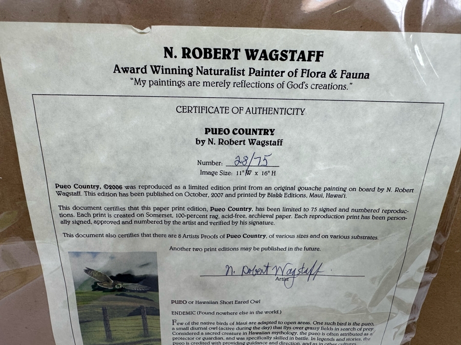 N. Robert Wagstaff Limited Edition Print Titled 'Pueo Country' Of Flying Owl Edition 28 Of 75 11 X 16 Framed 16 X 22 Pencil Signed By Artist [Photo 15]