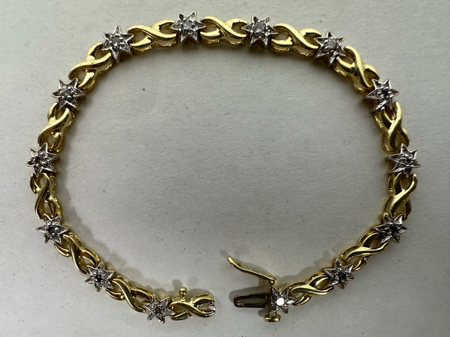 14K Gold Two Tone X And Star Link Diamond Bracelet With 14 Round Brilliant Cut Diamonds Apx 0.07cts Total Weight 7'L 8.8g Appraised At $1,035 [Photo 2]