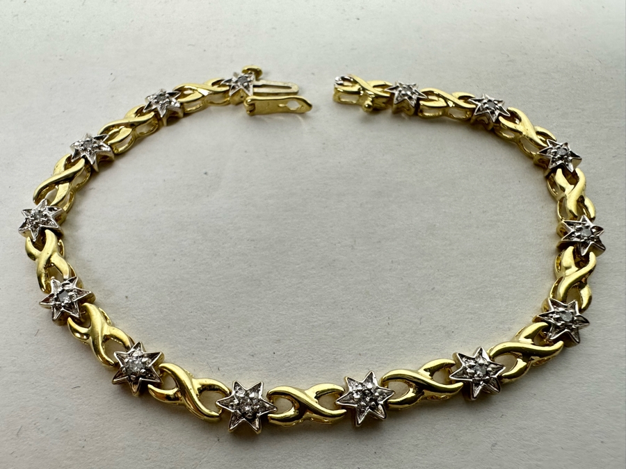 14K Gold Two Tone X And Star Link Diamond Bracelet With 14 Round Brilliant Cut Diamonds Apx 0.07cts Total Weight 7'L 8.8g Appraised At $1,035 [Photo 8]