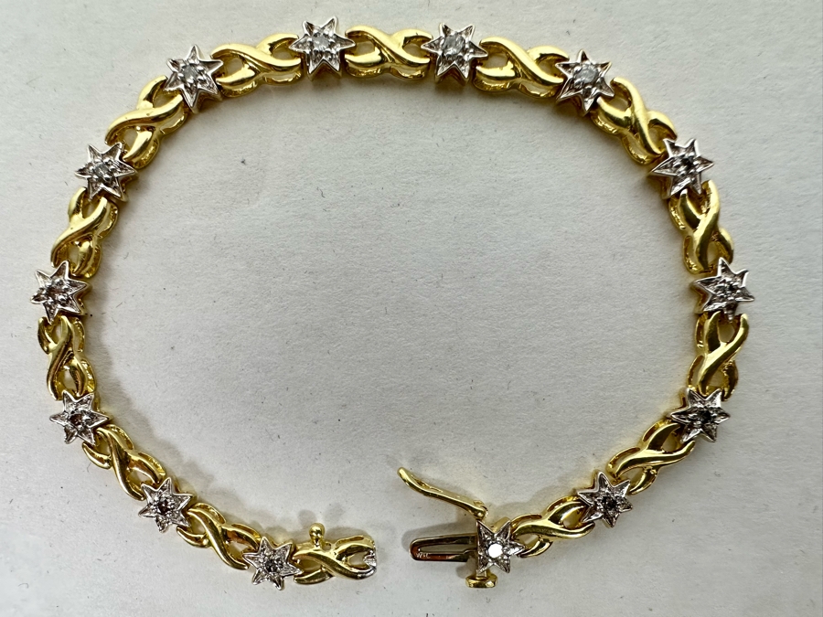 14K Gold Two Tone X And Star Link Diamond Bracelet With 14 Round Brilliant Cut Diamonds Apx 0.07cts Total Weight 7'L 8.8g Appraised At $1,035 [Photo 3]
