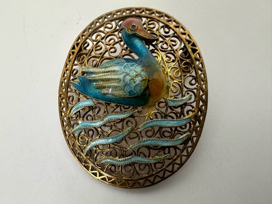 Sterling Silver Filigree Enamel Duck Brooch Pin 5.1g [Photo 3]