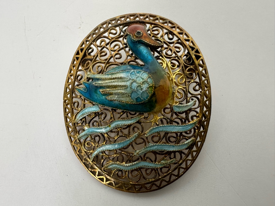 Sterling Silver Filigree Enamel Duck Brooch Pin 5.1g [Photo 2]