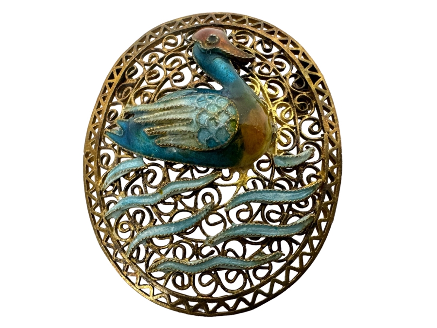 Sterling Silver Filigree Enamel Duck Brooch Pin 5.1g