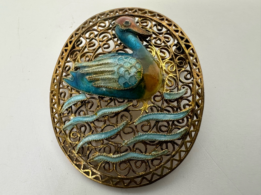 Sterling Silver Filigree Enamel Duck Brooch Pin 5.1g [Photo 4]