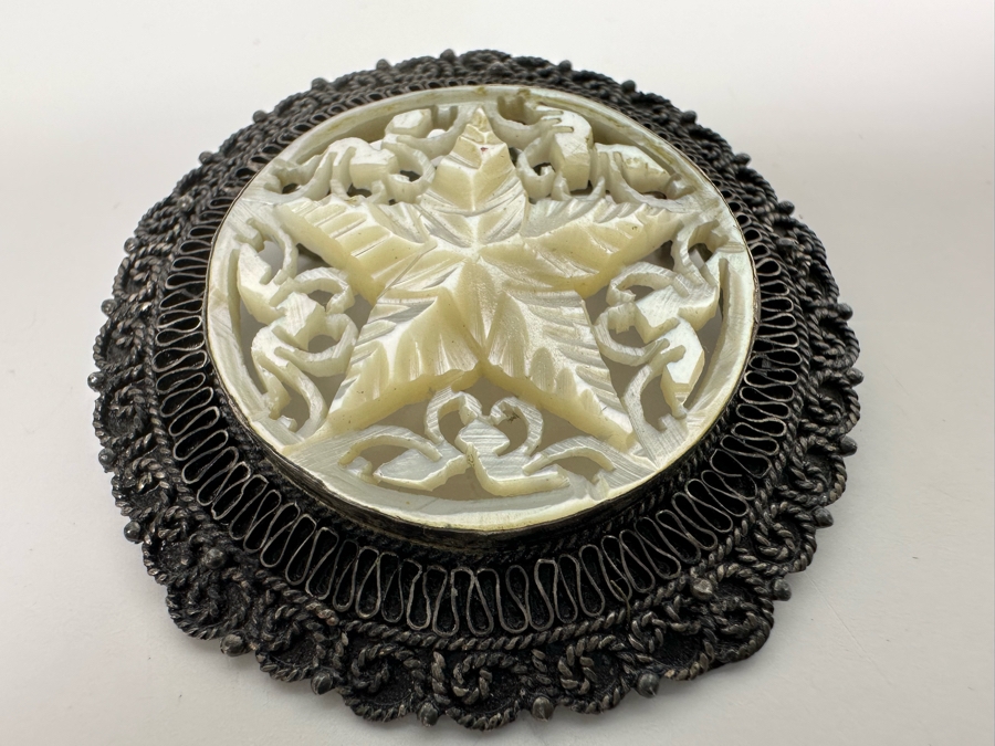 1000 Silver Jerusalem Pendant Brooch Pin With Carved Shell 9.7g [Photo 5]