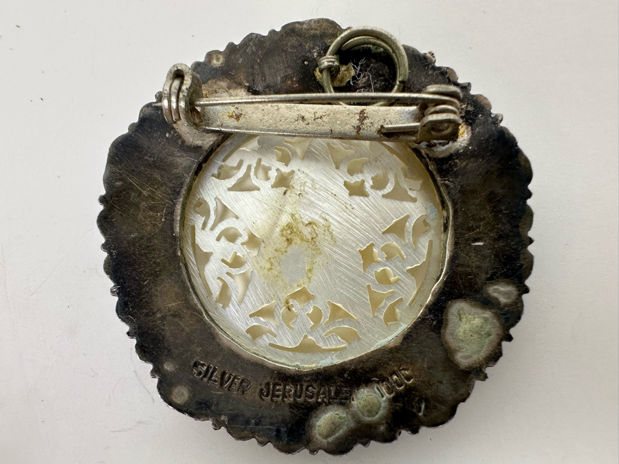 1000 Silver Jerusalem Pendant Brooch Pin With Carved Shell 9.7g [Photo 6]