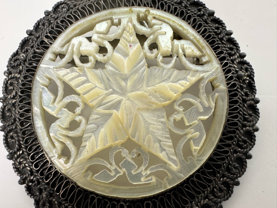 1000 Silver Jerusalem Pendant Brooch Pin With Carved Shell 9.7g [Photo 4]