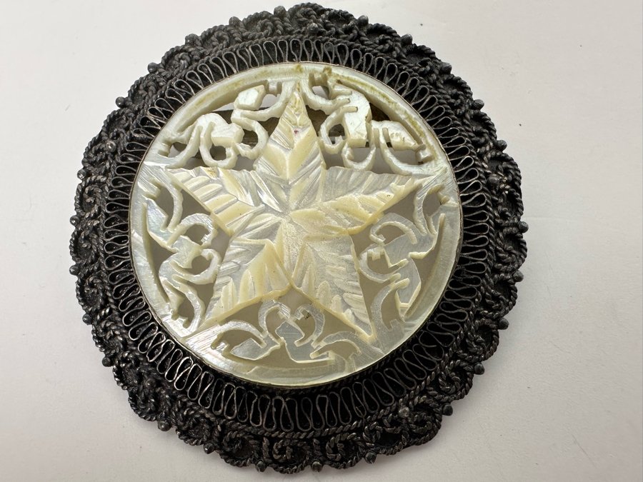 1000 Silver Jerusalem Pendant Brooch Pin With Carved Shell 9.7g [Photo 2]