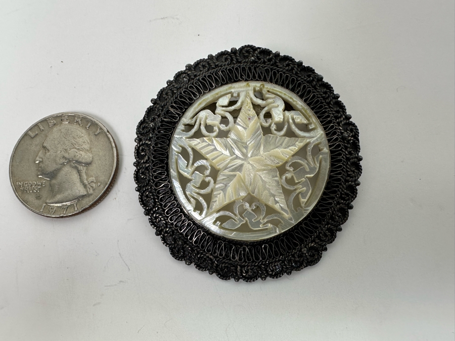 1000 Silver Jerusalem Pendant Brooch Pin With Carved Shell 9.7g [Photo 8]