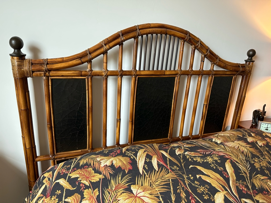 Malacca Rattan Bamboo Queen Size Bed Frame With Headboard, Footboard And Side Rails - In Guest Room Rarely Used (Does Not Include Mattress) By Milling Road - A Division Of Baker Furniture Retails $4,399 [Photo 5]