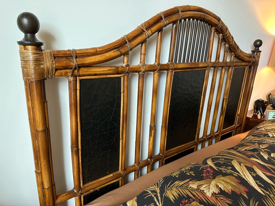 Malacca Rattan Bamboo Queen Size Bed Frame With Headboard, Footboard And Side Rails - In Guest Room Rarely Used (Does Not Include Mattress) By Milling Road - A Division Of Baker Furniture Retails $4,399 [Photo 6]