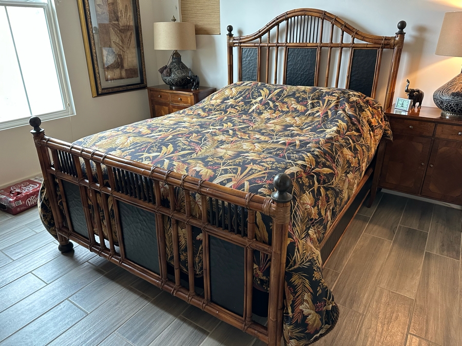 Malacca Rattan Bamboo Queen Size Bed Frame With Headboard, Footboard And Side Rails - In Guest Room Rarely Used (Does Not Include Mattress) By Milling Road - A Division Of Baker Furniture Retails $4,399 [Photo 3]