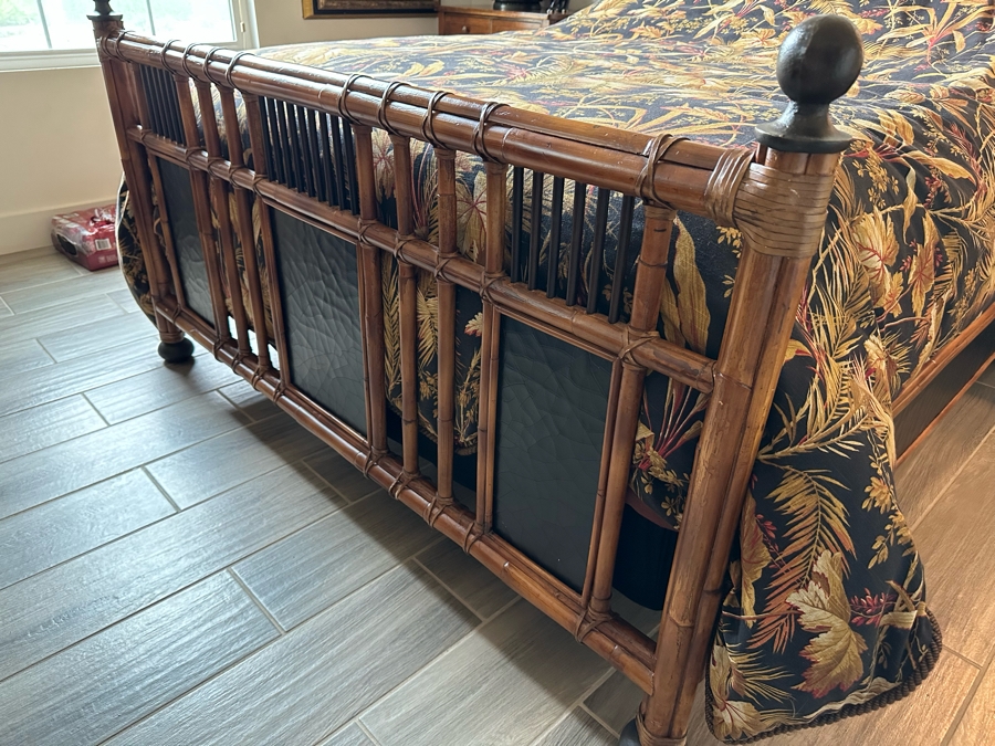 Malacca Rattan Bamboo Queen Size Bed Frame With Headboard, Footboard And Side Rails - In Guest Room Rarely Used (Does Not Include Mattress) By Milling Road - A Division Of Baker Furniture Retails $4,399 [Photo 4]