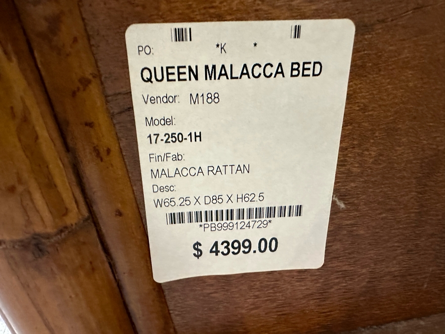 Malacca Rattan Bamboo Queen Size Bed Frame With Headboard, Footboard And Side Rails - In Guest Room Rarely Used (Does Not Include Mattress) By Milling Road - A Division Of Baker Furniture Retails $4,399 [Photo 9]