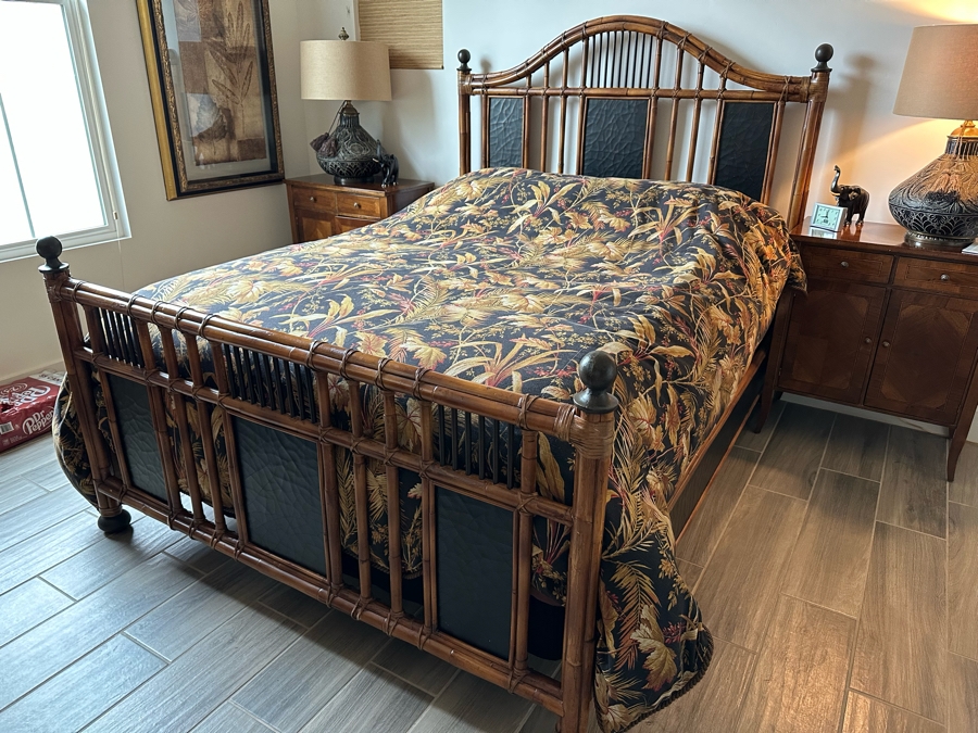 Malacca Rattan Bamboo Queen Size Bed Frame With Headboard, Footboard And Side Rails - In Guest Room Rarely Used (Does Not Include Mattress) By Milling Road - A Division Of Baker Furniture Retails $4,399