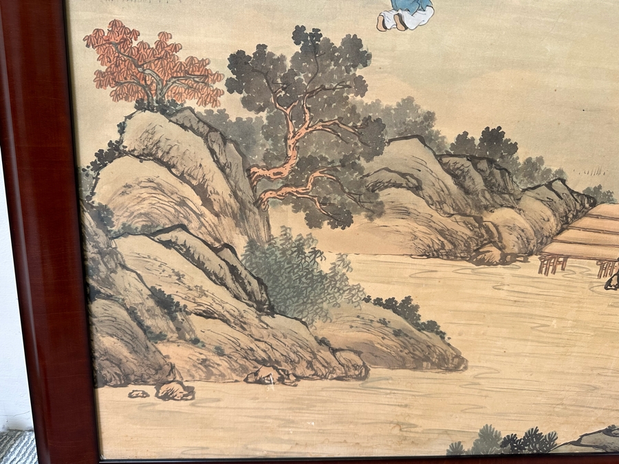 Vintage Hand Painted Chinese Wallpaper Purchased By Client In The Seventies In NYC Nicely Framed Large 39 X 78 [Photo 15]