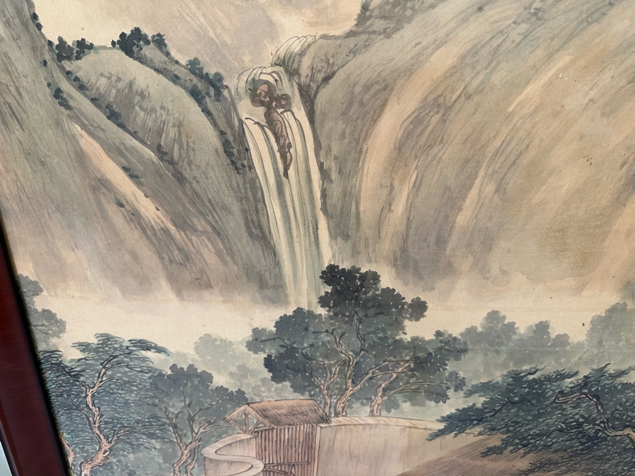 Vintage Hand Painted Chinese Wallpaper Purchased By Client In The Seventies In NYC Nicely Framed Large 39 X 78 [Photo 9]