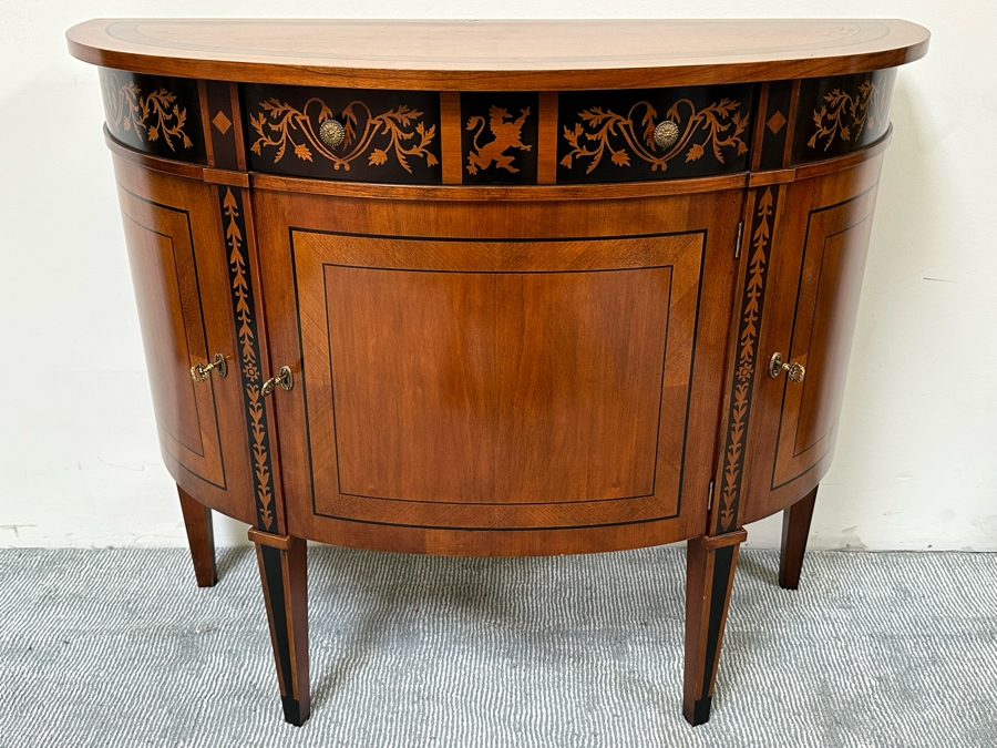 Impressive Inlaid Wooden Demilune Table Cabinet With Drawer And 3 Keys For Locking Hinged Doors By Decorative Crafts 44W X 18D X 37H [Photo 2]