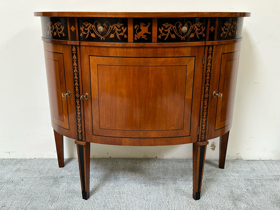 Impressive Inlaid Wooden Demilune Table Cabinet With Drawer And 3 Keys For Locking Hinged Doors By Decorative Crafts 44W X 18D X 37H [Photo 5]