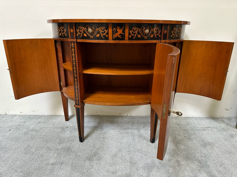 Impressive Inlaid Wooden Demilune Table Cabinet With Drawer And 3 Keys For Locking Hinged Doors By Decorative Crafts 44W X 18D X 37H [Photo 13]