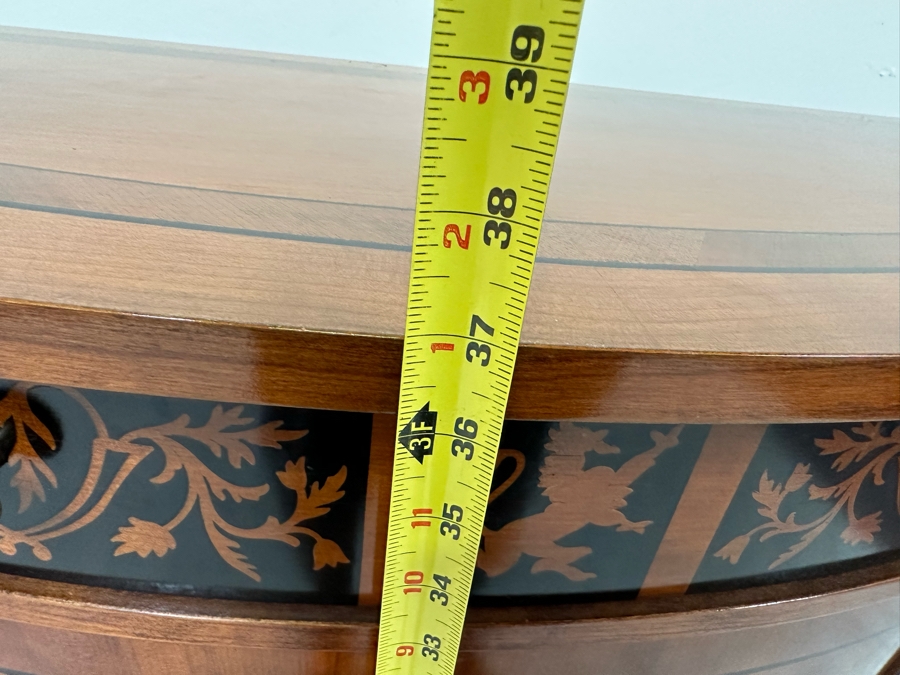 Impressive Inlaid Wooden Demilune Table Cabinet With Drawer And 3 Keys For Locking Hinged Doors By Decorative Crafts 44W X 18D X 37H [Photo 25]