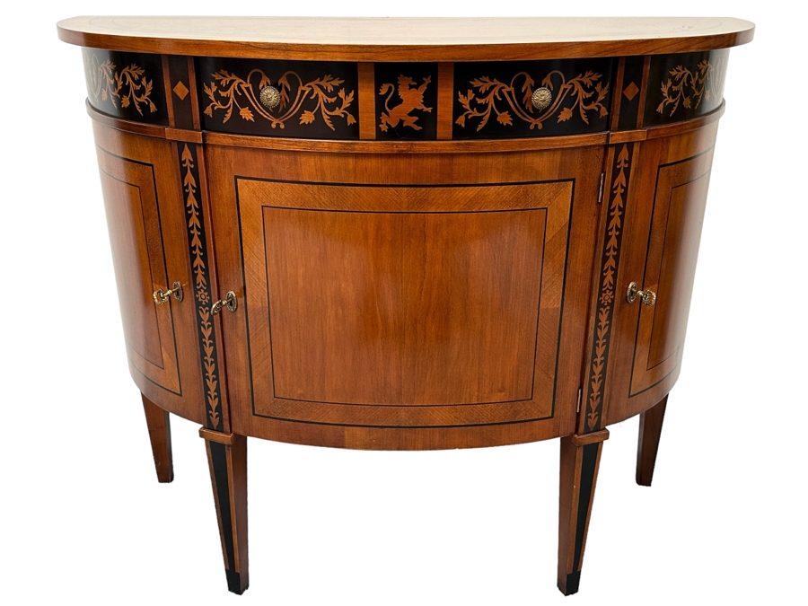 Impressive Inlaid Wooden Demilune Table Cabinet With Drawer And 3 Keys For Locking Hinged Doors By Decorative Crafts 44W X 18D X 37H [Photo 1]