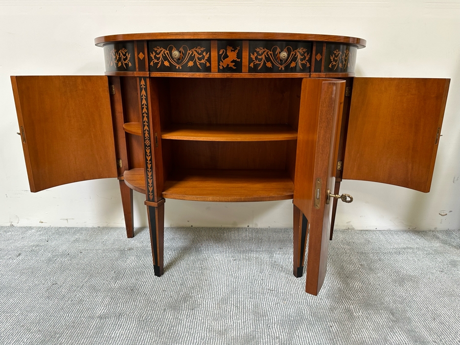 Impressive Inlaid Wooden Demilune Table Cabinet With Drawer And 3 Keys For Locking Hinged Doors By Decorative Crafts 44W X 18D X 37H [Photo 12]