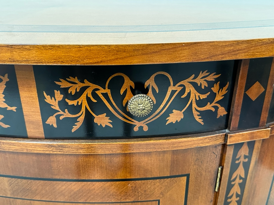 Impressive Inlaid Wooden Demilune Table Cabinet With Drawer And 3 Keys For Locking Hinged Doors By Decorative Crafts 44W X 18D X 37H [Photo 7]