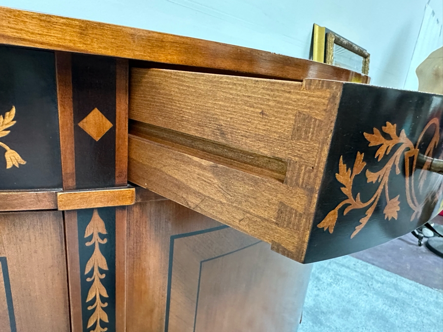 Impressive Inlaid Wooden Demilune Table Cabinet With Drawer And 3 Keys For Locking Hinged Doors By Decorative Crafts 44W X 18D X 37H [Photo 22]