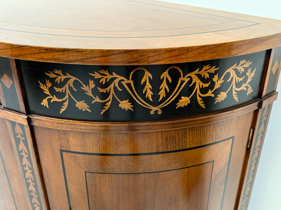 Impressive Inlaid Wooden Demilune Table Cabinet With Drawer And 3 Keys For Locking Hinged Doors By Decorative Crafts 44W X 18D X 37H [Photo 8]