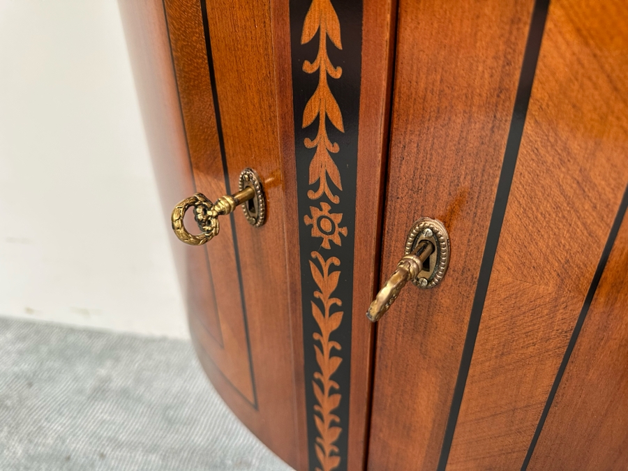 Impressive Inlaid Wooden Demilune Table Cabinet With Drawer And 3 Keys For Locking Hinged Doors By Decorative Crafts 44W X 18D X 37H [Photo 10]