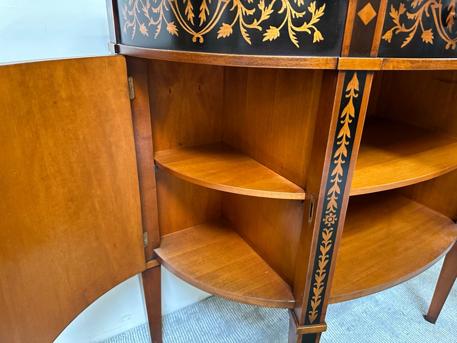 Impressive Inlaid Wooden Demilune Table Cabinet With Drawer And 3 Keys For Locking Hinged Doors By Decorative Crafts 44W X 18D X 37H [Photo 14]