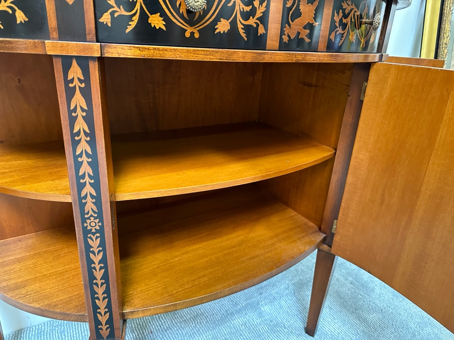 Impressive Inlaid Wooden Demilune Table Cabinet With Drawer And 3 Keys For Locking Hinged Doors By Decorative Crafts 44W X 18D X 37H [Photo 15]