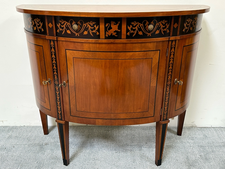 Impressive Inlaid Wooden Demilune Table Cabinet With Drawer And 3 Keys For Locking Hinged Doors By Decorative Crafts 44W X 18D X 37H [Photo 3]