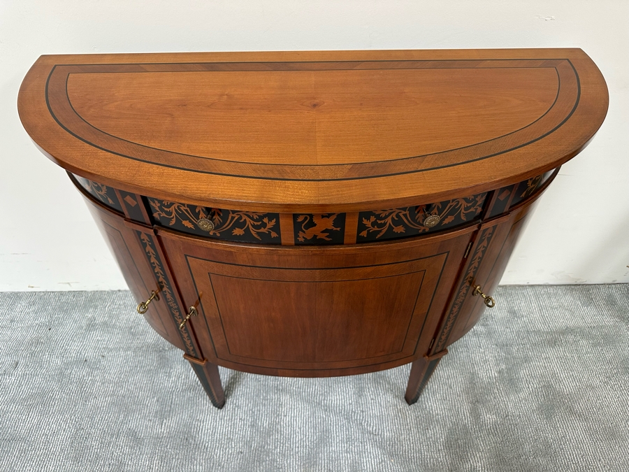 Impressive Inlaid Wooden Demilune Table Cabinet With Drawer And 3 Keys For Locking Hinged Doors By Decorative Crafts 44W X 18D X 37H [Photo 9]