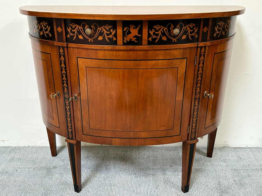 Impressive Inlaid Wooden Demilune Table Cabinet With Drawer And 3 Keys For Locking Hinged Doors By Decorative Crafts 44W X 18D X 37H [Photo 4]
