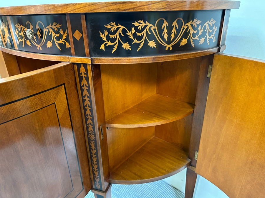 Impressive Inlaid Wooden Demilune Table Cabinet With Drawer And 3 Keys For Locking Hinged Doors By Decorative Crafts 44W X 18D X 37H [Photo 16]
