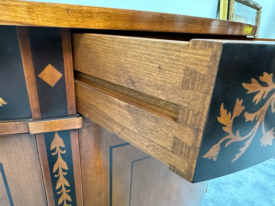 Impressive Inlaid Wooden Demilune Table Cabinet With Drawer And 3 Keys For Locking Hinged Doors By Decorative Crafts 44W X 18D X 37H [Photo 21]