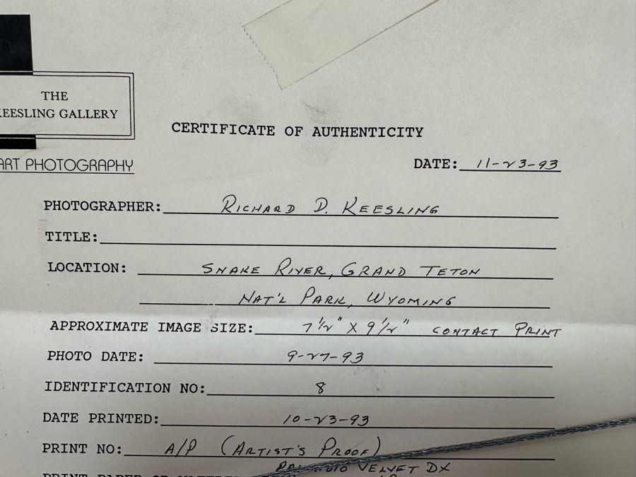 Richard D. Keesling Signed Artist Proof A/P Photograph On Platinum / Palladium Paper Of The Snake River, Grand Teton National Park, Wyoming (Dick Keesling Was Also Actress Betty White's Manager For Many Decades) 10.5 X 8.5 Framed 20 X 16 [Photo 14]