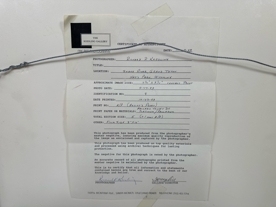 Richard D. Keesling Signed Artist Proof A/P Photograph On Platinum / Palladium Paper Of The Snake River, Grand Teton National Park, Wyoming (Dick Keesling Was Also Actress Betty White's Manager For Many Decades) 10.5 X 8.5 Framed 20 X 16 [Photo 13]