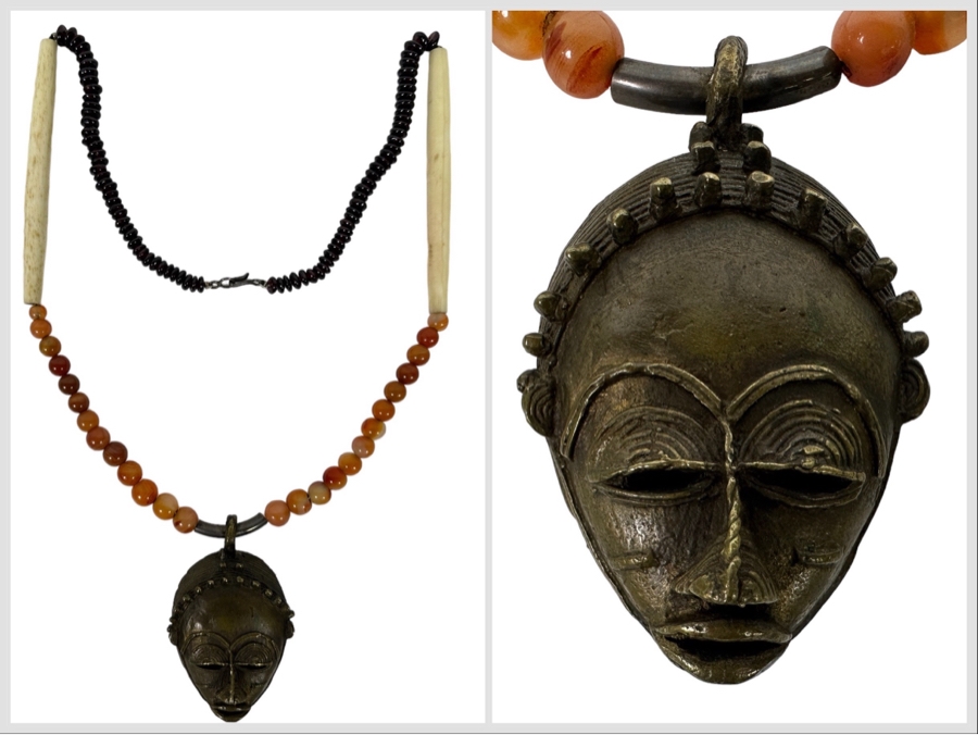 San Francisco Artist Metal Sculptural Pendant With Carnelians And Bone 26' Necklace