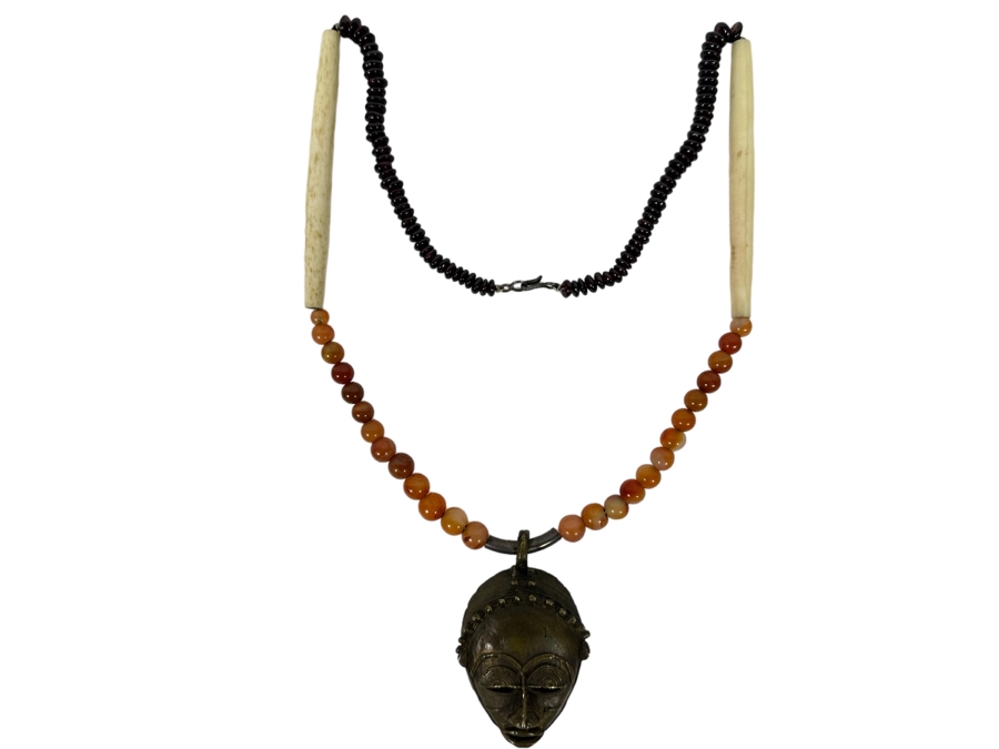 San Francisco Artist Metal Sculptural Pendant With Carnelians And Bone 26' Necklace [Photo 16]