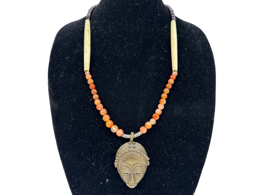 San Francisco Artist Metal Sculptural Pendant With Carnelians And Bone 26' Necklace [Photo 4]